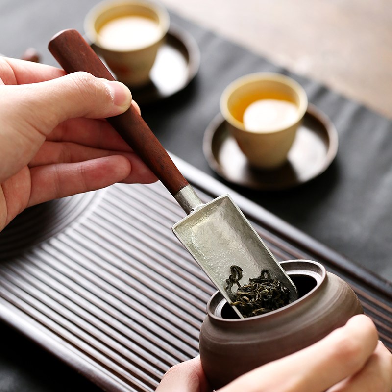 中式复古风锡制茶勺茶铲实木茶匙茶荷茶则高档血檀木精致茶道配件