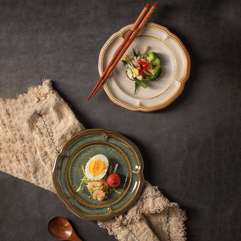 莳绘金缮 2024新款粗陶花型甜品点心碟凉菜盘家用7英寸浅盘平盘子