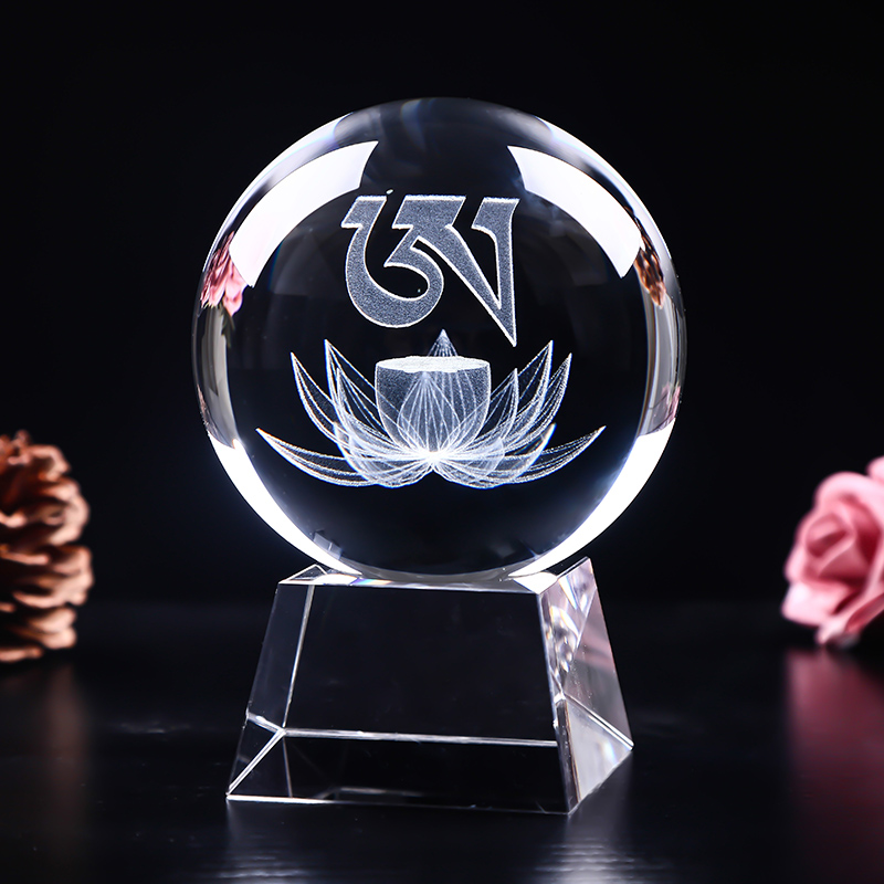 水晶球3D内雕莲花创意工艺品摆件家居饰玄关摆放支持定做
