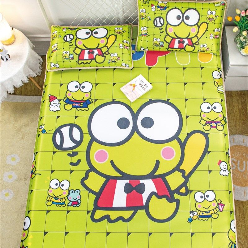 夏天凉感冰丝席三件套卡通定制大眼蛙凉席家用可折叠水洗空调席子