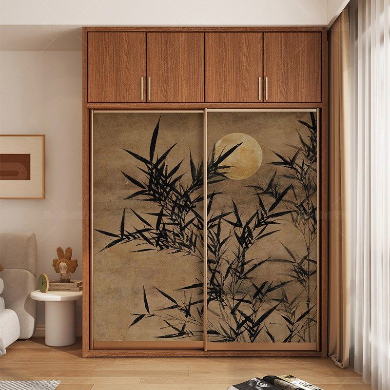 中式复古竹子柜子贴民宿装饰衣柜推拉门贴纸自粘卧室玻璃门翻新贴