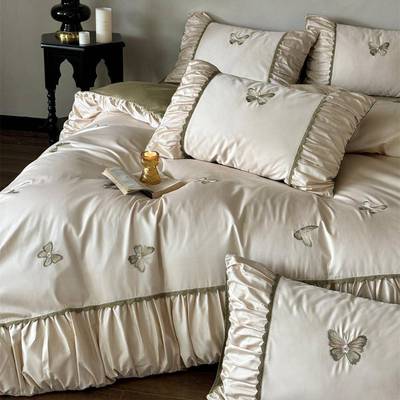 法式100支澳棉纯棉四件套全棉蝴蝶刺绣被套绿色床单清新四季床品