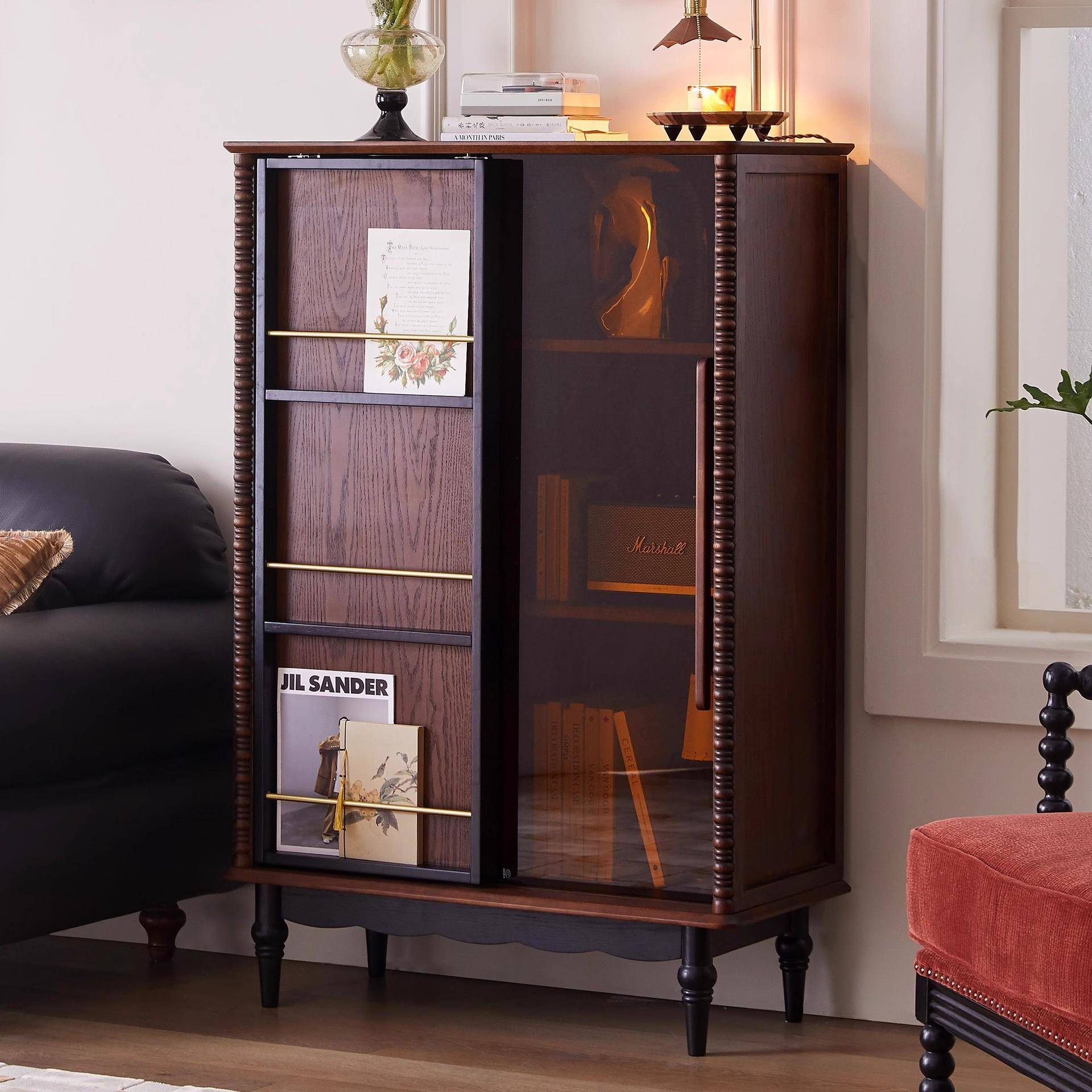 法式实木书柜带玻璃门客厅靠墙展示柜酒柜家用中古风收纳储物柜子