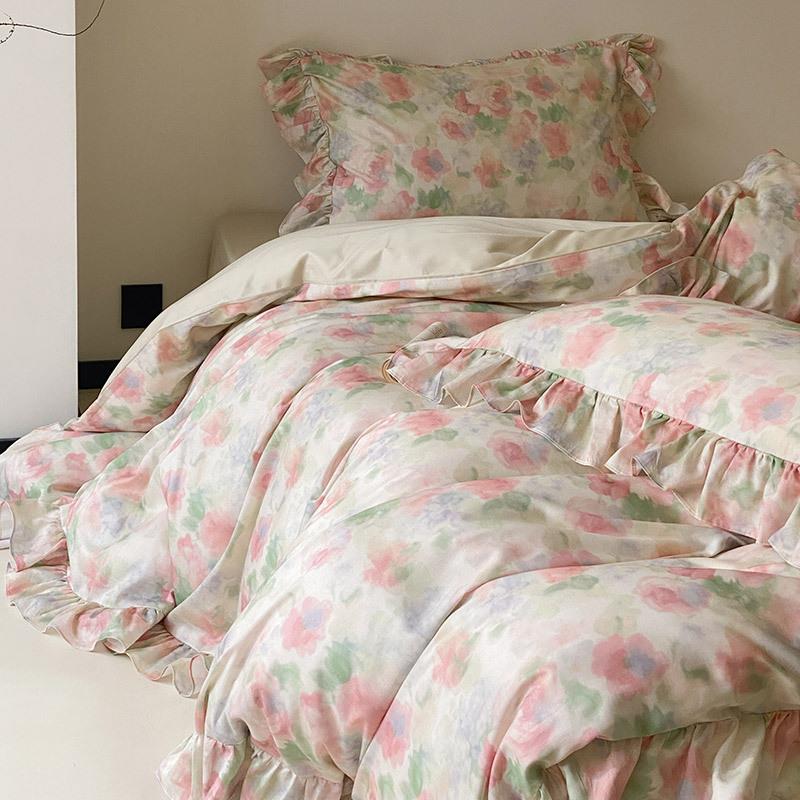 复古风60S天丝棉磨毛四件套花卉数码印花加厚被套床单款床上用品