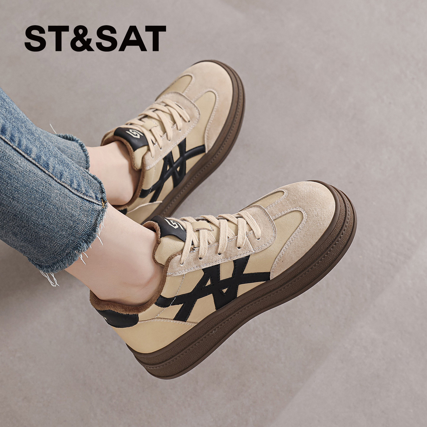 星期六厚底板鞋休闲鞋米白色复古增高不累脚舒适学院风圆头女鞋子