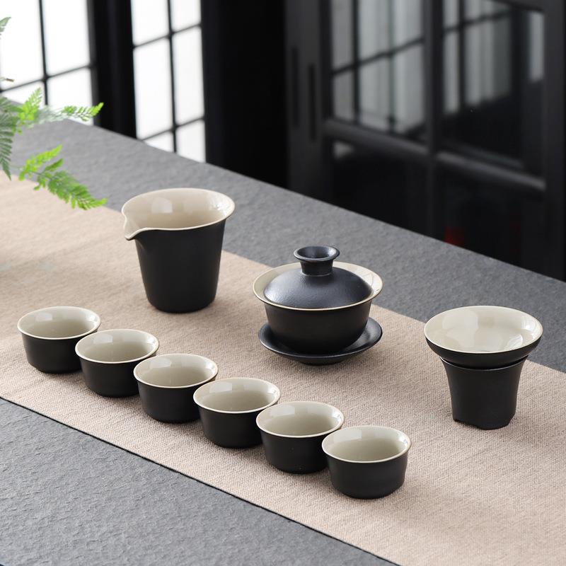 黑陶提梁壶盖碗十头茶具套装 陶瓷家用办公室会客轻奢功夫泡茶壶
