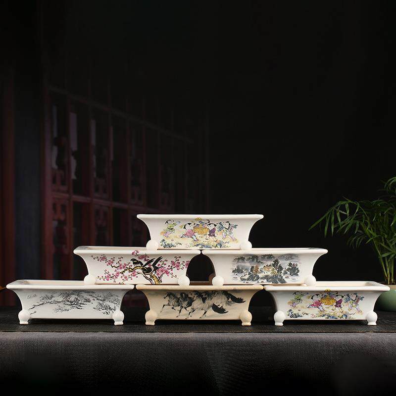 彩绘紫砂花盆复古创意盆景盆长方形文竹多肉花盆大口径YZCH18