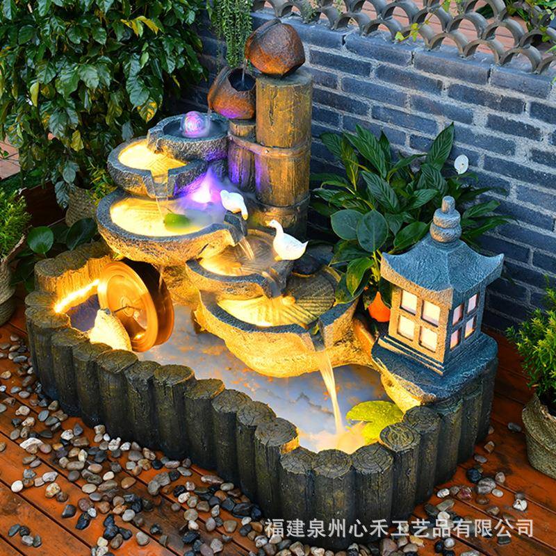 创意仿古假山喷泉流水摆件鱼池石磨水车客厅阳台大堂庭院装饰品