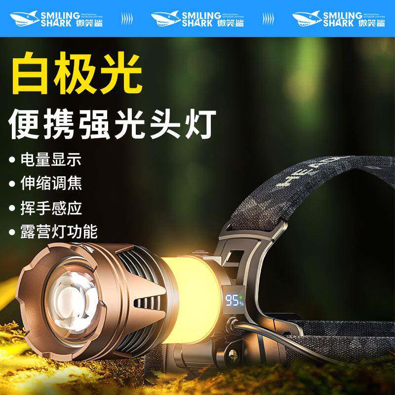 多功能伸缩变焦户外头戴灯便携式铝合金红蓝警示灯挥手感应头灯