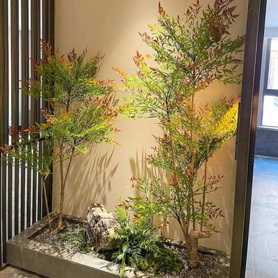 高端南天竹仿真绿植盆栽室内橱窗落地造景装饰新中式景观仿生植物