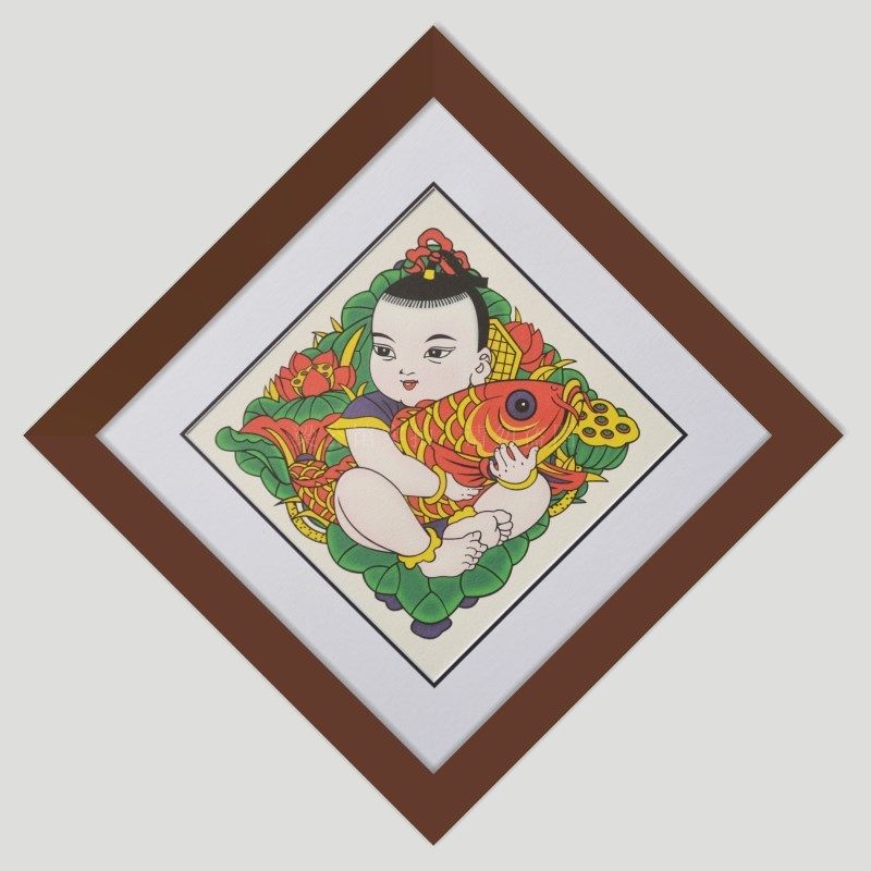 木板年画装饰画中式装饰画六子争头猪年年画金猪拱福抱鱼童子和气