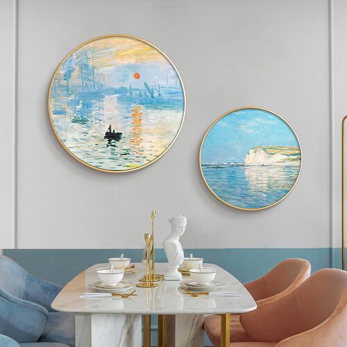 莫奈世界名画圆形装饰画抽象玄关走廊过道风景画饭厅挂画日出印象