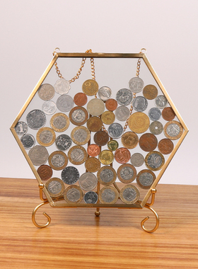 六边形硬币展示框 新房客厅玄关装饰酒柜软装 透明储蓄罐玻璃摆件
