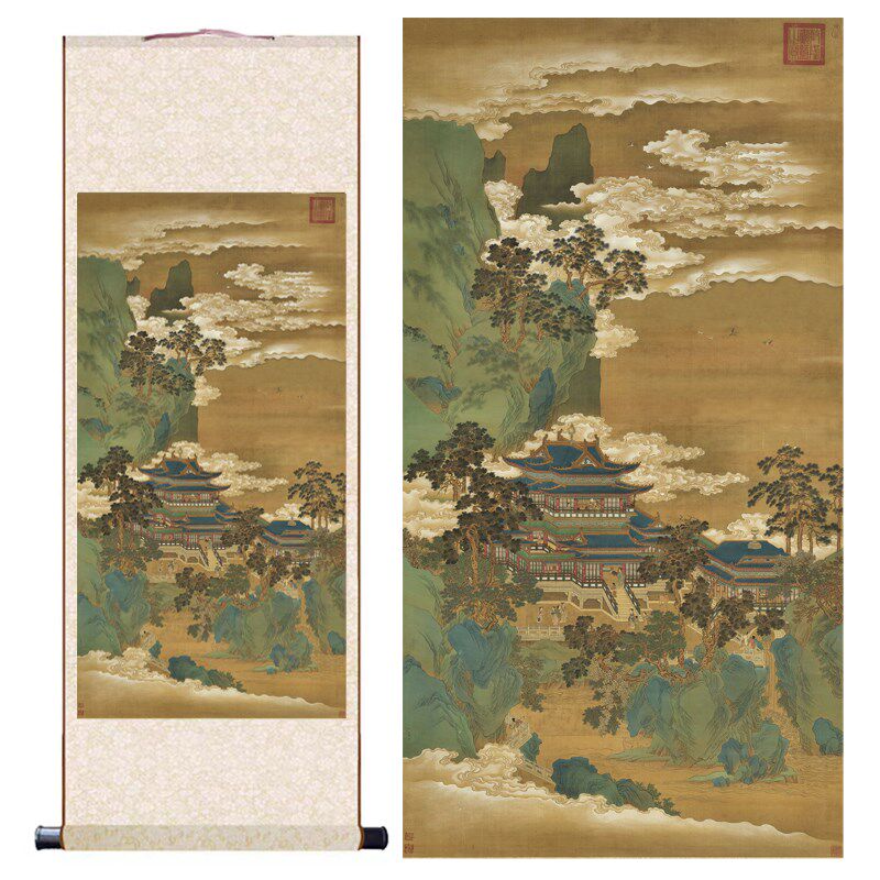 南宋 赵伯驹 仙山楼阁图微喷彷古画 画客厅书房办公室卷轴装饰画