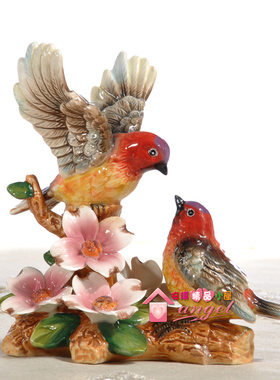 简欧比翼双飞红头山雀鸟陶瓷礼品家饰品摆件动物摆件结婚饰品