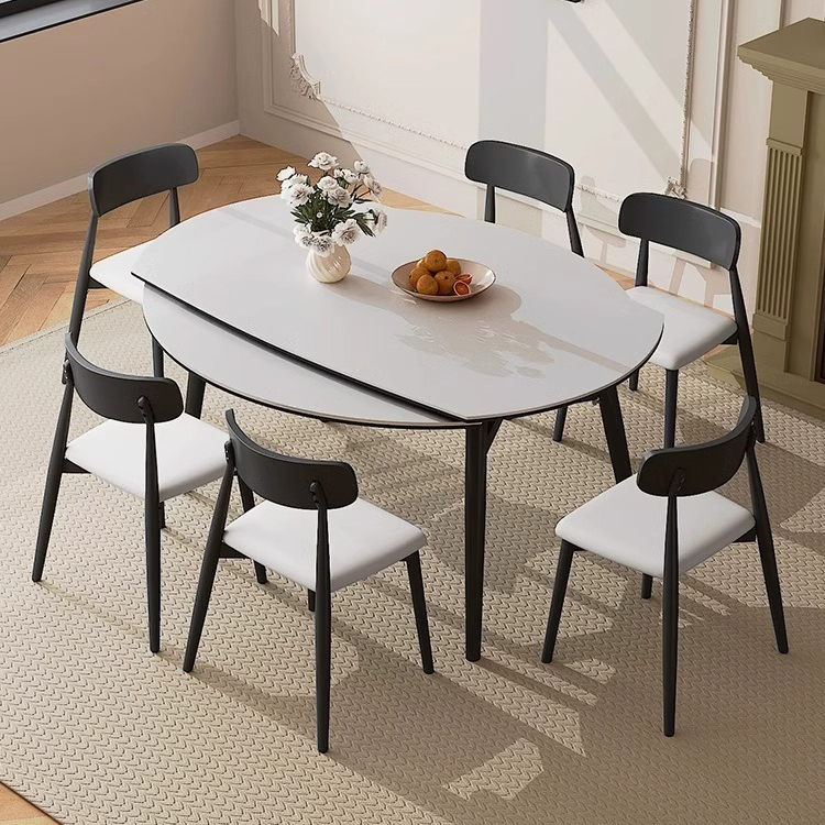 实木岩板餐桌可变圆桌小户型家用桌子现代简约饭桌可伸缩折叠圆桌