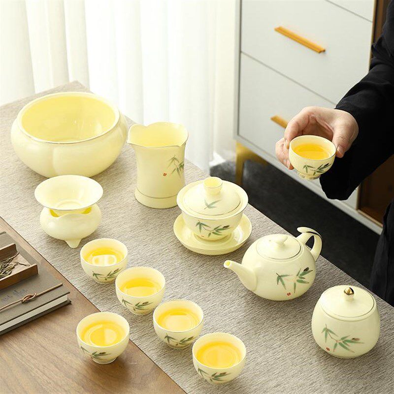 单卖羊脂玉宝石黄功夫茶具长嘴茶壶盖碗品茗杯全瓷茶漏托客厅家用