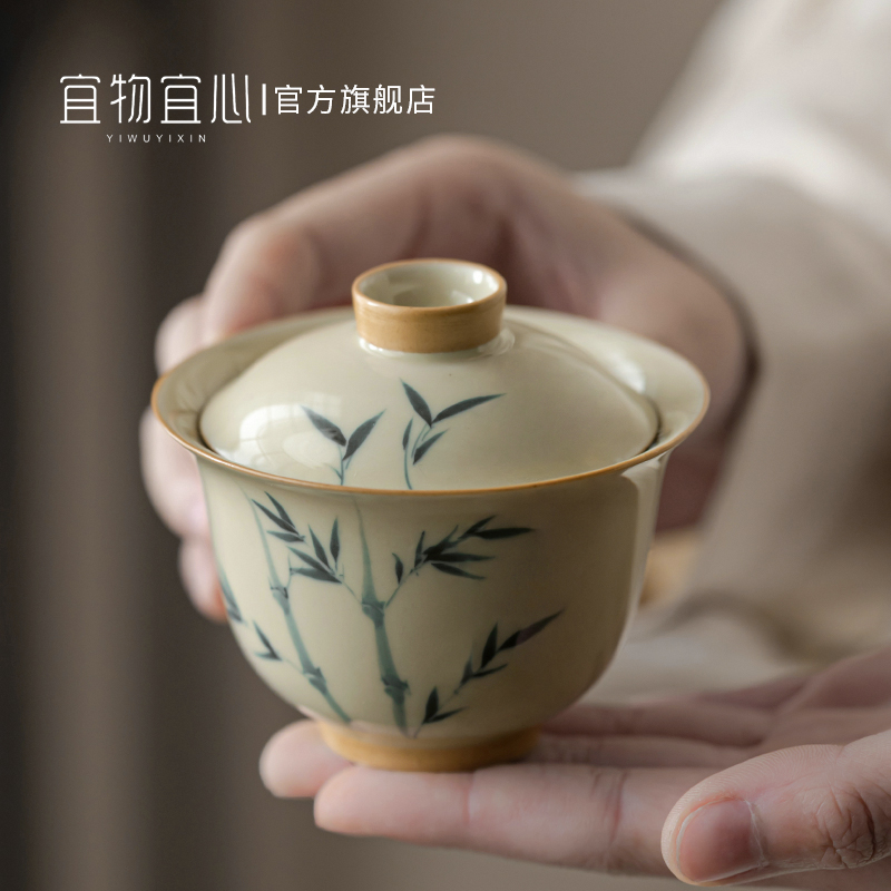 手绘高端悬停三才盖碗茶具单个茶杯功夫茶盏主人杯家用泡茶器茶碗