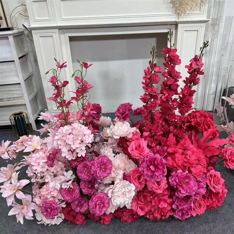 婚礼花艺玫红色地排花舞台布置婚礼堂背景装饰花T台路引婚庆仿真