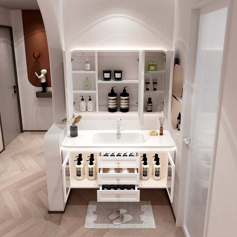 奶油风陶瓷一体圆角浴室柜组合轻奢卫生间洗手洗脸盆柜橡木洗漱台