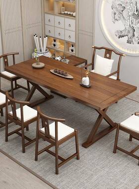 新FLZ式实木茶桌办公室会客厅接待茶椅茶中长楼条洽谈泡茶桌桌椅