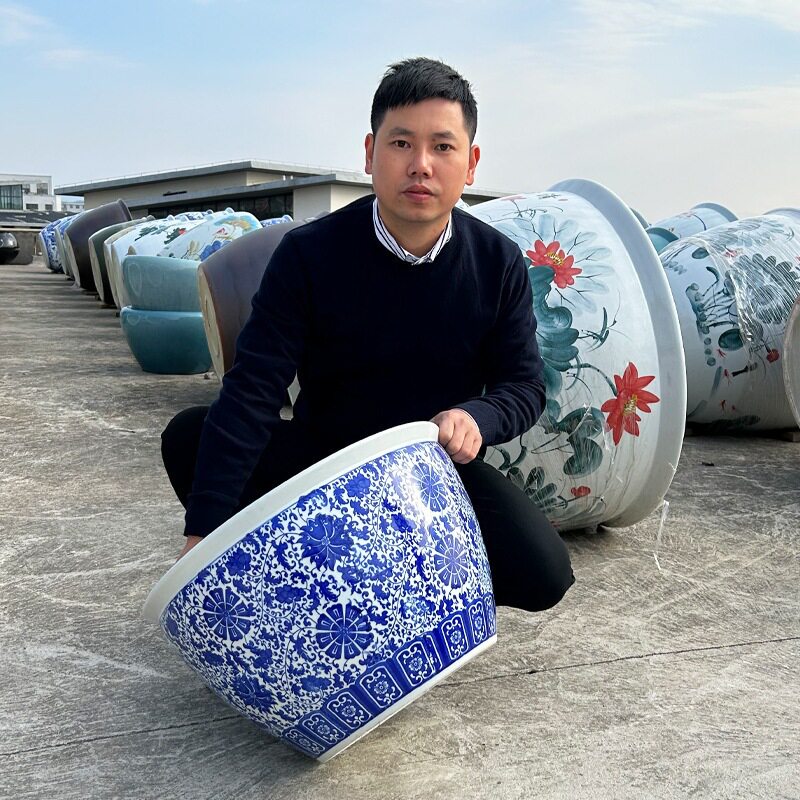 庭院碗莲荷花盆缸室外特大号种树大缸1米睡莲花盆缸青花陶瓷水缸