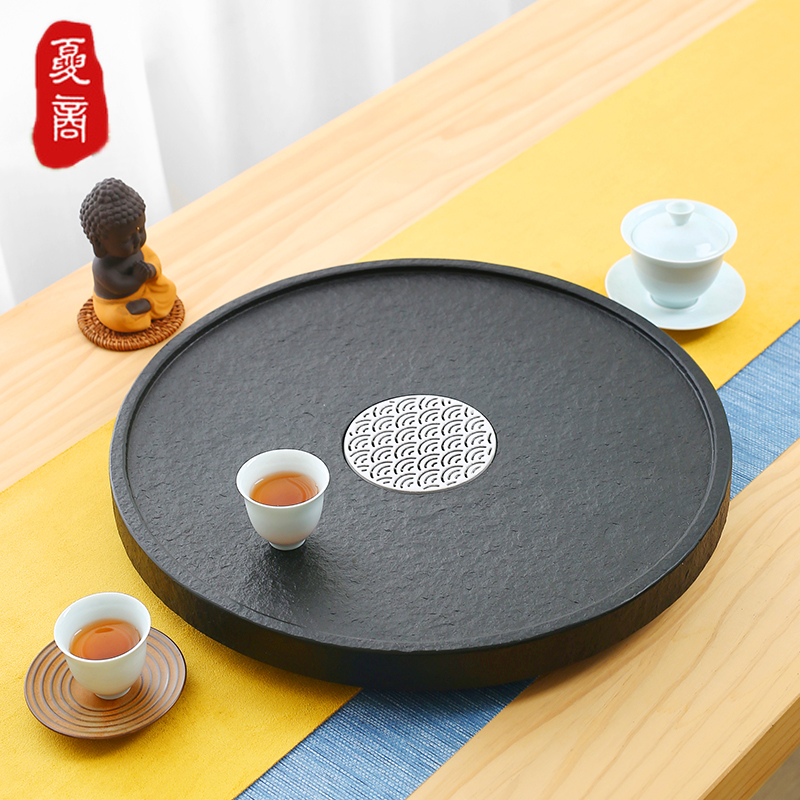 整块乌金石茶盘家用简约石头茶台大小号圆形排水茶海方形茶具托盘