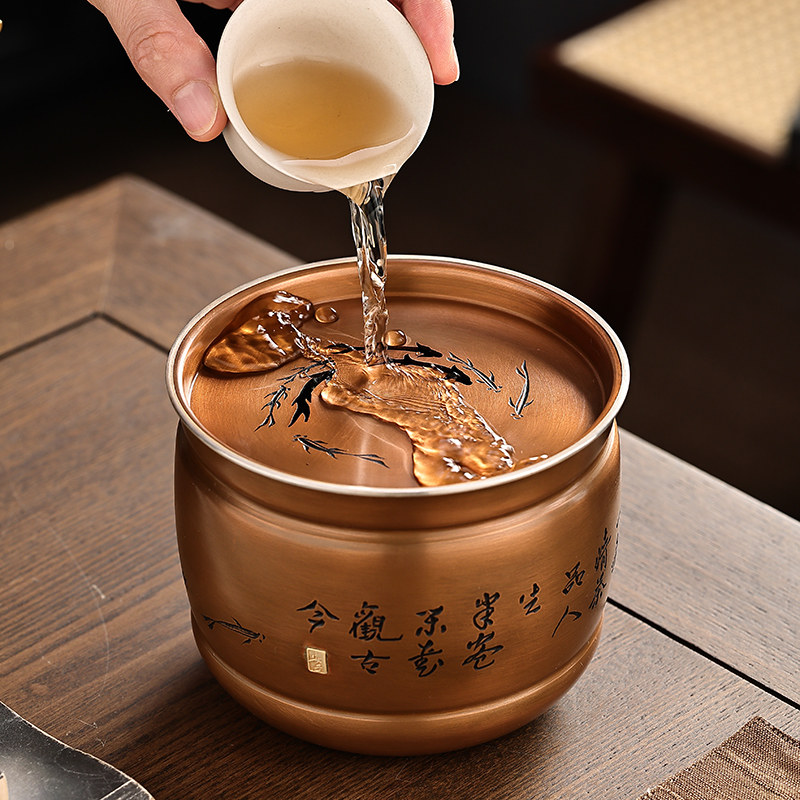 手工复古紫铜建水茶洗茶渣缸水盂茶盂带盖茶水缸水洗茶具 茶配件