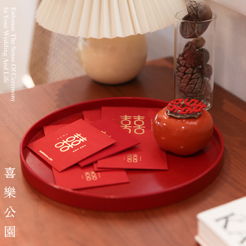 xileprk木质托盘结婚婚庆敬茶杯糖果水果圆形长方形红色敬酒盘子