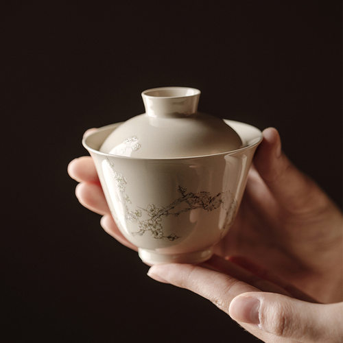 束刻单个盖碗品茗杯茶杯陶瓷草木灰釉泡茶盏大号家用中式两才茶碗
