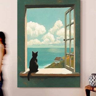 卧室马蒂斯挂画 入口窗台猫手绘油画 远方壁龛艺术客厅装 饰画