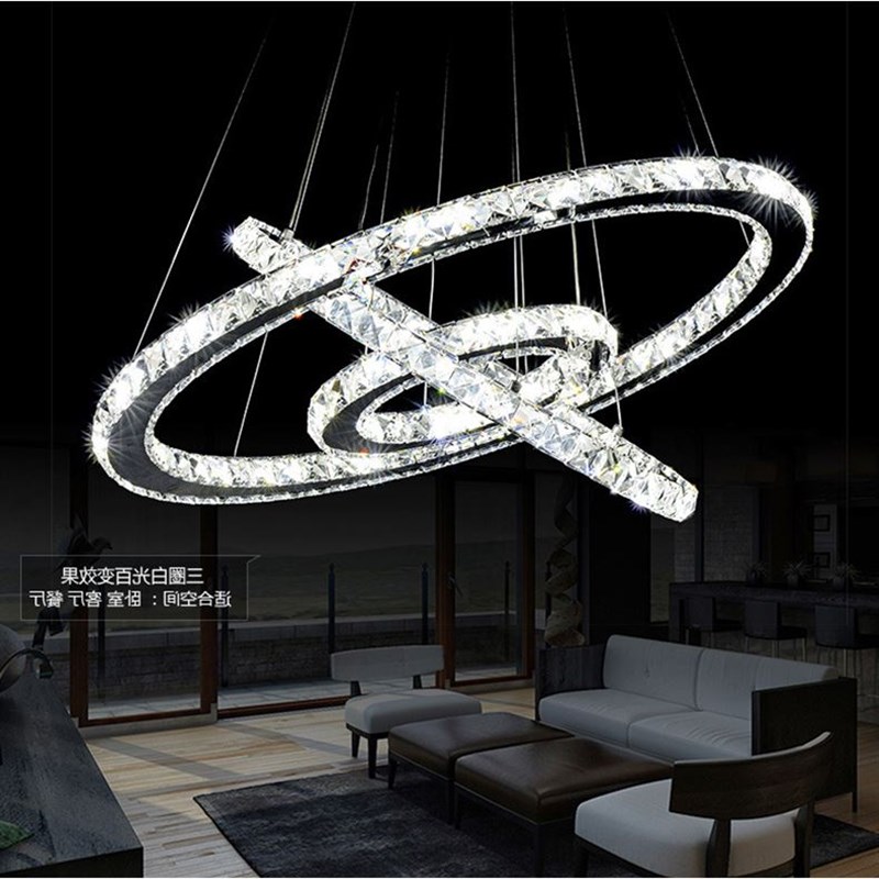创意不锈钢三环环形鱼线水晶吊灯智能简约酒店客厅灯圆主卧室LED