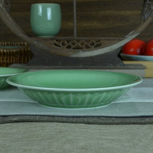 陶瓷盘子 家用餐具龙泉青瓷8英寸圆盘菜盘 创意中式深汤盘7寸盘子