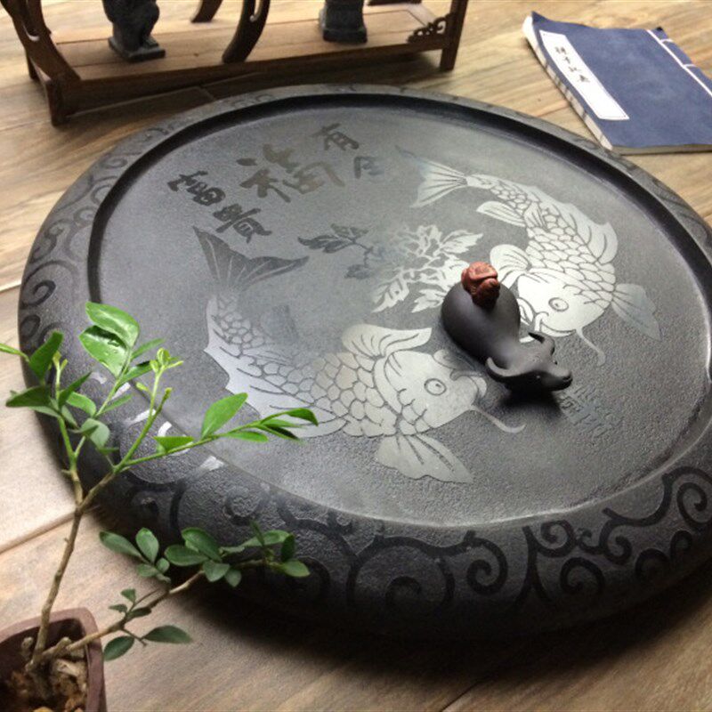 促销天然整块乌金石材茶台小号茶海功夫茶具托盘石头家用圆形茶盘