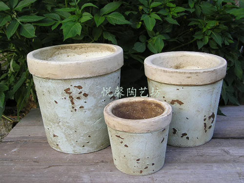 欧式粗陶花盆 地中海风格陶艺花器 浅蓝色做旧复古陶盆