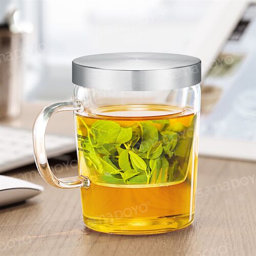 尚明玻璃茶杯花茶杯过滤 办公室泡茶杯 家用透明带盖带把绿茶杯子
