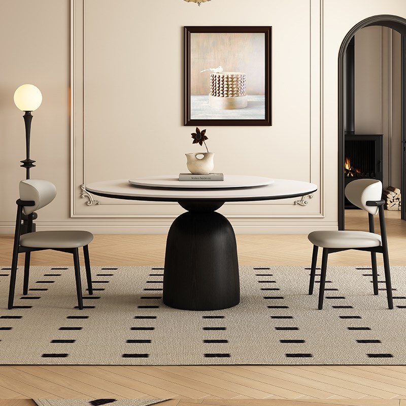 复古奶油风圆形餐桌家用带转盘意式现代简约黑色纯白实木岩板圆桌