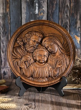 圣家族圆形摆件人物雕刻浮雕室内客厅玄关木制工艺品装饰墙艺术