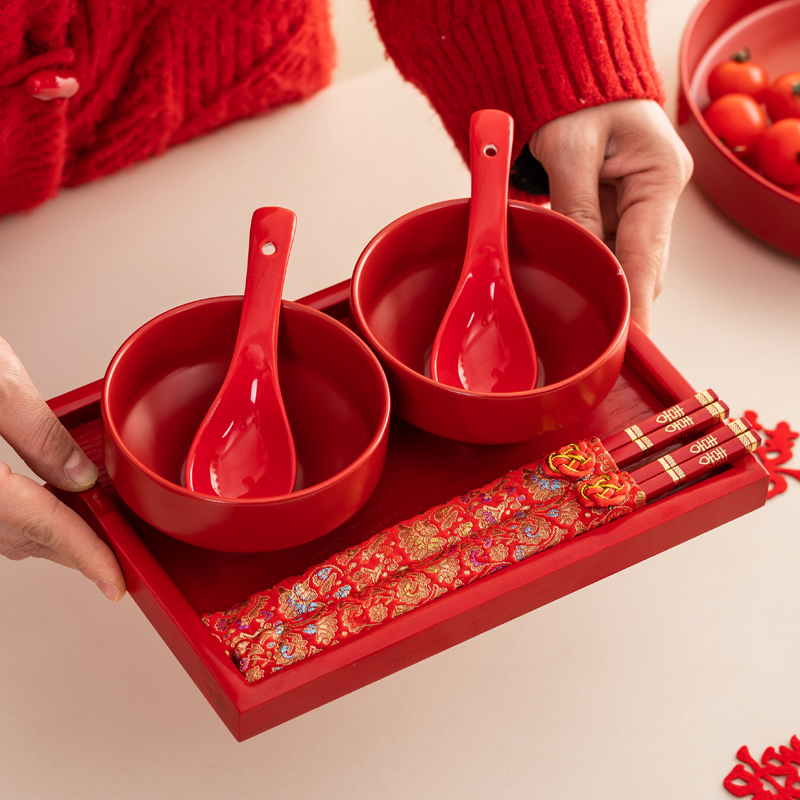 唐呈结婚陶瓷碗筷勺套装一对女方喜陪嫁专用敬茶杯新婚庆用品大全