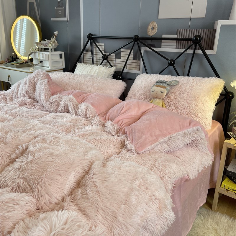 冬季加厚水貂绒床上四件粉色珊瑚绒被女生床单学生宿舍三件