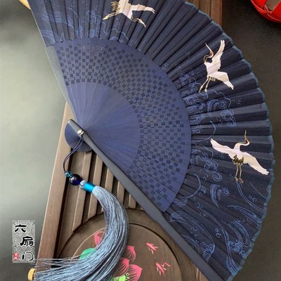 舞蹈风折扇子孔雀翎羽毛女式风夏季中国7寸真丝竹跳复古扇小随身