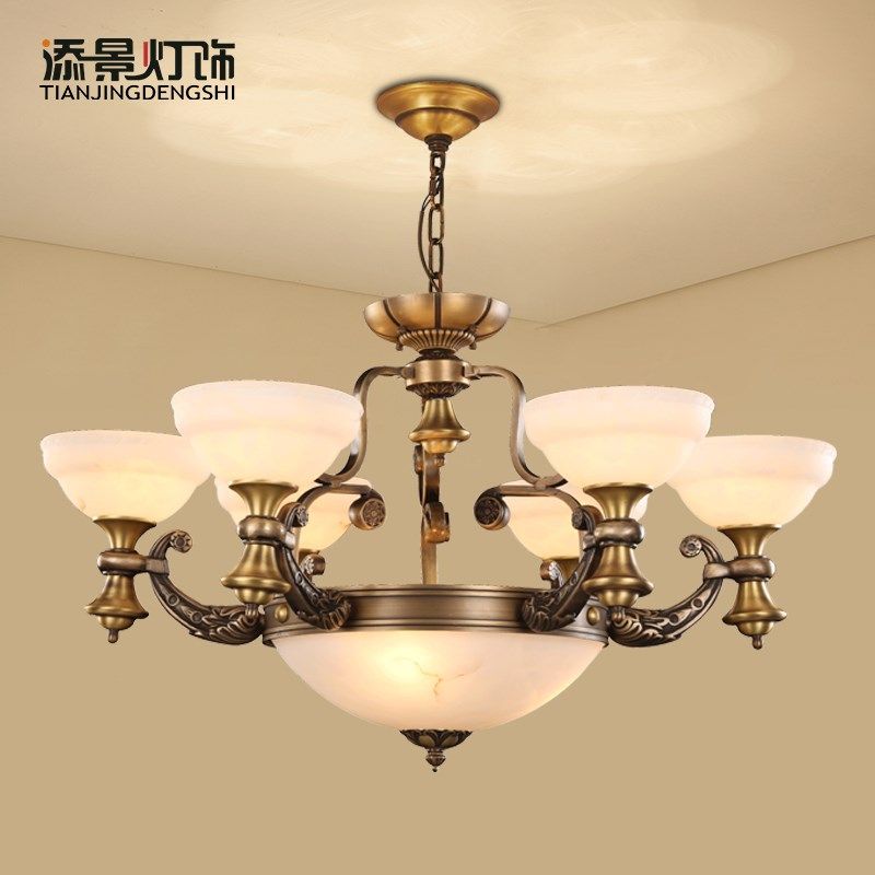 添景全铜吊灯欧式仿云石铸铜雕花客厅灯具纯铜艺术灯复古餐厅灯饰