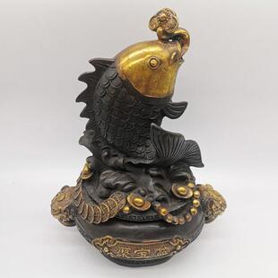 仿古做旧铜鎏金如意金鱼宝盆年年有鱼家居客厅摆件古玩铜鱼工艺品