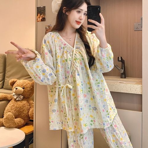 月子服夏薄款纯棉纱布透气和服哺乳装可爱宽松产妇家居服孕妇睡衣