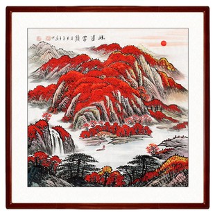 纯手绘鸿运当头聚宝盆斗方山水画国画玄关书房餐厅挂画带框装 饰画