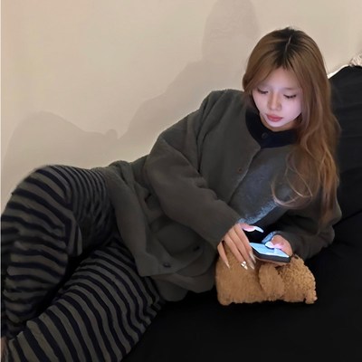 韩系高级感简约设计感条纹撞色睡衣女秋冬新款半边绒家居服可外穿