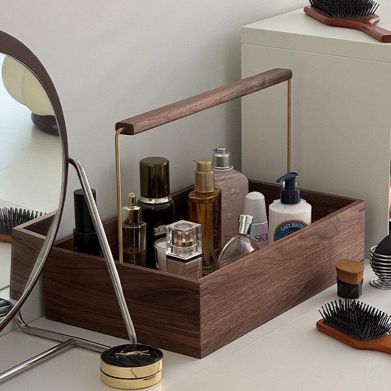 实木桌面化妆品收纳盒简约高级感托盘置物架梳妆台香水护肤品收纳