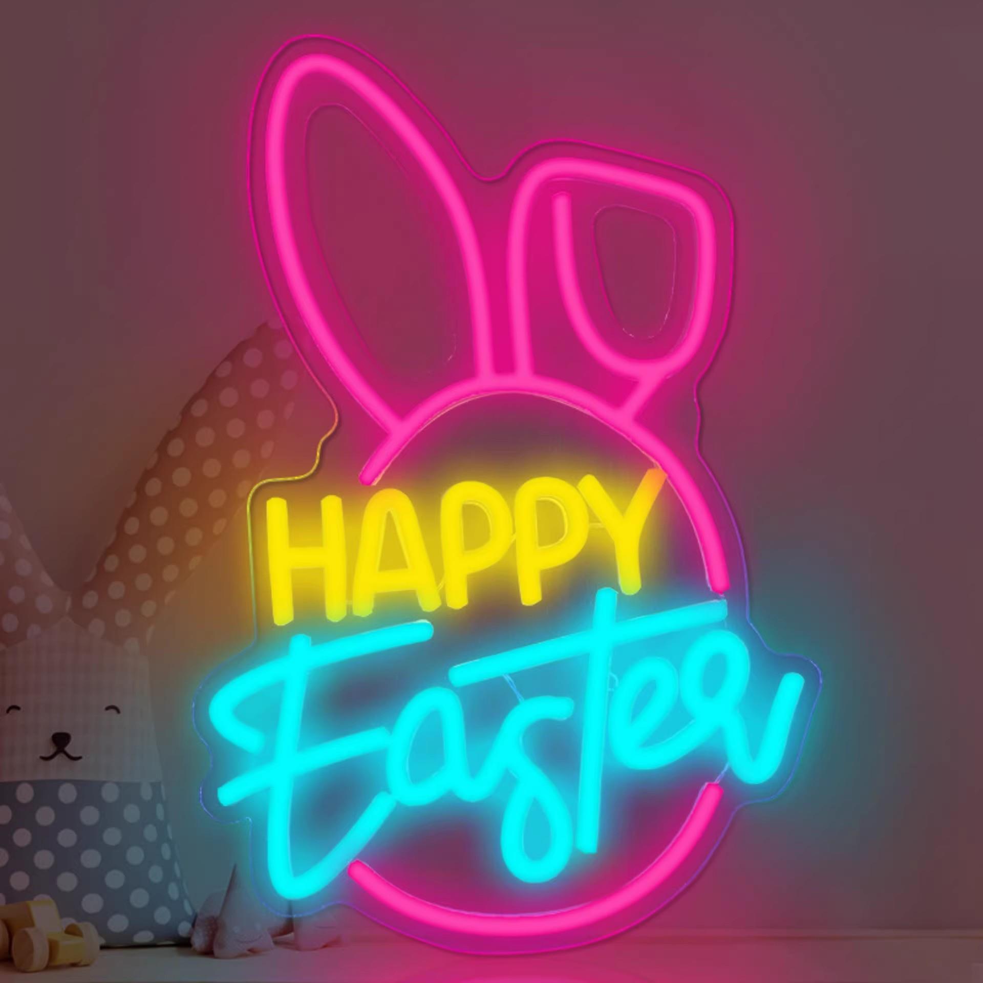 复活节LED兔子造型霓虹灯装饰灯HAPPY Easter氛围灯创意彩蛋灯