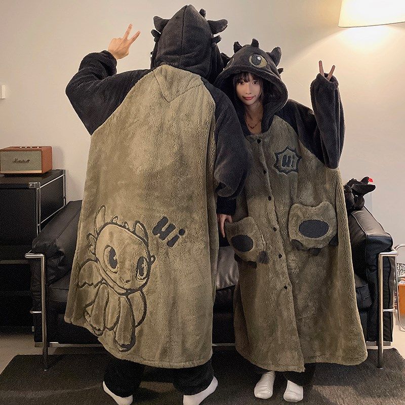 情侣装睡衣女秋冬季加厚珊瑚绒大码200斤保暖男款卡通无牙仔浴袍