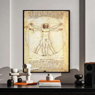 世界名画哈默手稿达芬奇装饰画复古怀旧挂画人体油画维特鲁威人竖